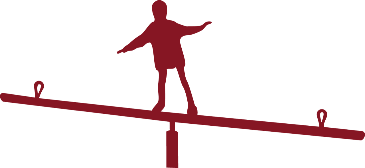 Silhouette einer Person, die auf einer Wippe steht und versucht, ins Gleichgewicht zu kommen
